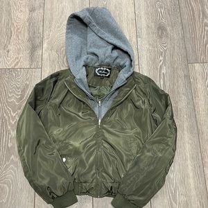 Green double zip bomber jacket with hood